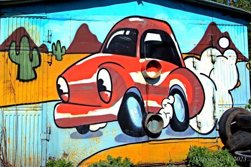 граффити «Веселый автомобильчик в мексиканской пустыне» на стене гаража на Погодина 5г во Владимире фото vgv