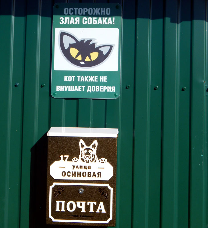 объявление - Осторожно злая собака, Кот также не внушает доверия да калитке дома 17 по Осиновой улице во Владимире фото vgv